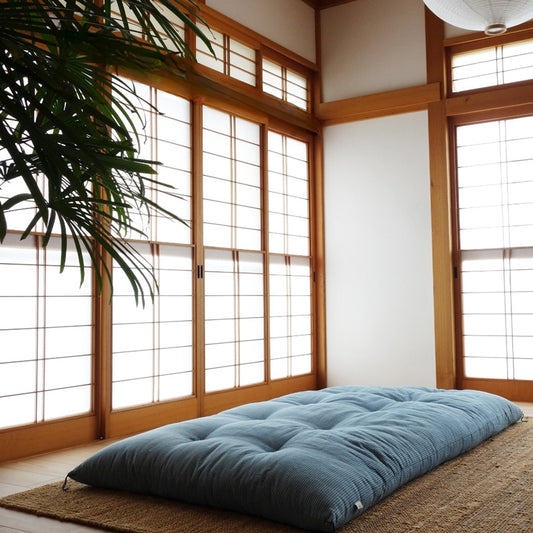 Japanese Futon Mattress, Artisan Handmade (Fabric: Herbal Dyed Cotton Filling: Organic Cotton 100%) Indigo Stripe
