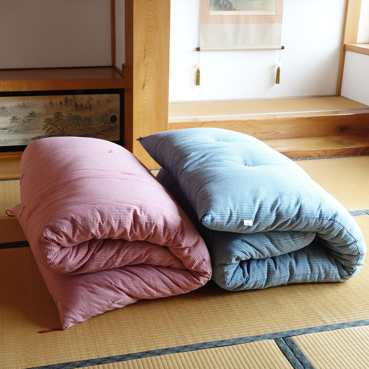 Colchão de futon japonês, feito à mão (tecido: algodão tingido com ervas, enchimento: 100% algodão orgânico), listra de garança