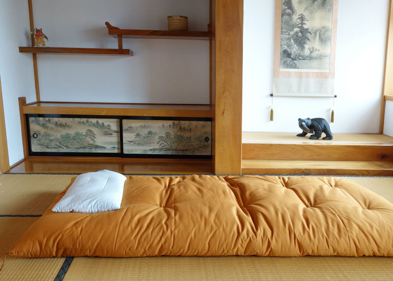 GOTS Certified Japanese Futon Mattress, Artisan Handmade (Fabric: Organic Cotton, Filling: Organic Cotton 100%) Kohaku Amber