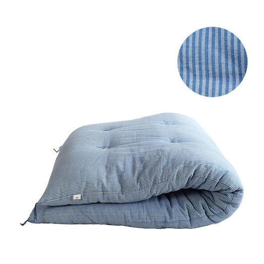 Japanese Futon Mattress, Artisan Handmade (Fabric: Herbal Dyed Cotton Filling: Organic Cotton 100%) Indigo Stripe