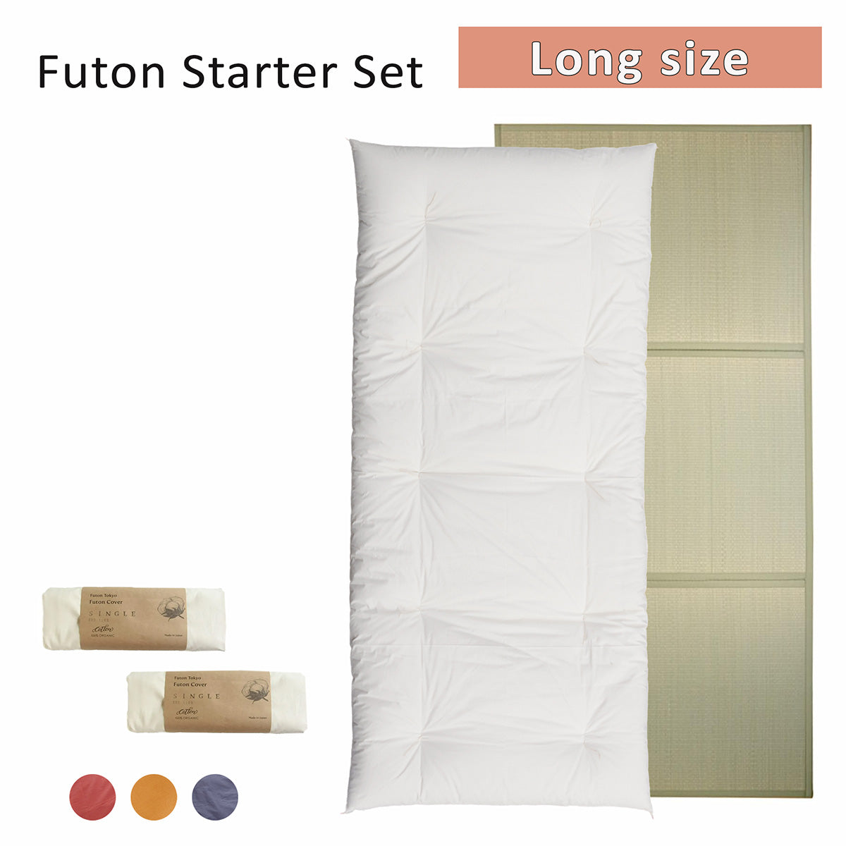 Conjunto Inicial de Futon - 4 itens no tamanho Solteiro - Um Colchão Orgânico, Um Tatame Dobrável, Duas Capas Orgânicas para Futon
