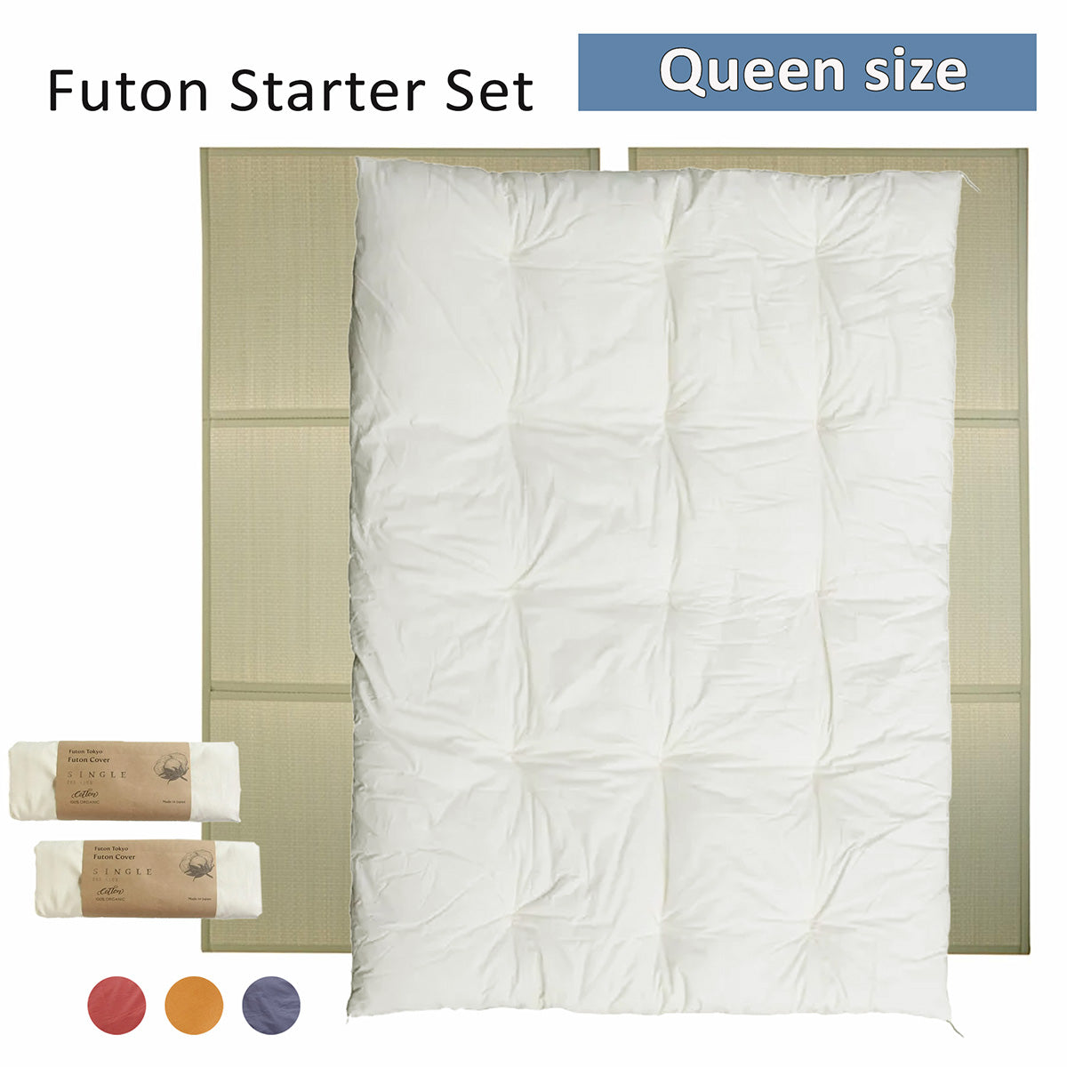Conjunto Inicial de Futon - 4 itens no tamanho Solteiro - Um Colchão Orgânico, Um Tatame Dobrável, Duas Capas Orgânicas para Futon