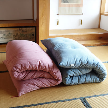 Colchão de futon japonês, feito à mão (tecido: algodão tingido com ervas, enchimento: 100% algodão orgânico), listra de garança