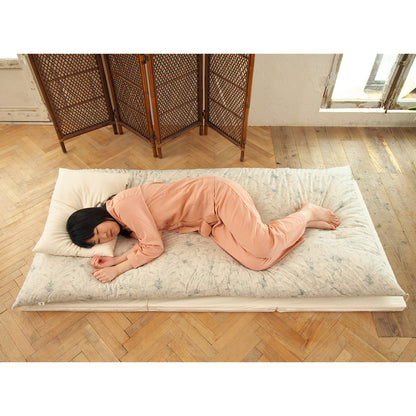 Japanese Futon Mattress, Artisan Handmade (Fabric: Japandi Kikumon Chrysanthemum Gray)